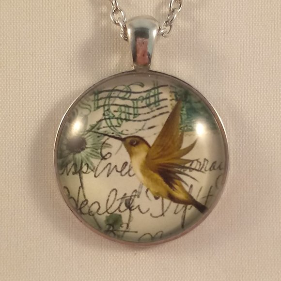 Silver Hummingbird Flower Cabochon Pendant Necklace 20" Party Gift - Picture 2 of 3